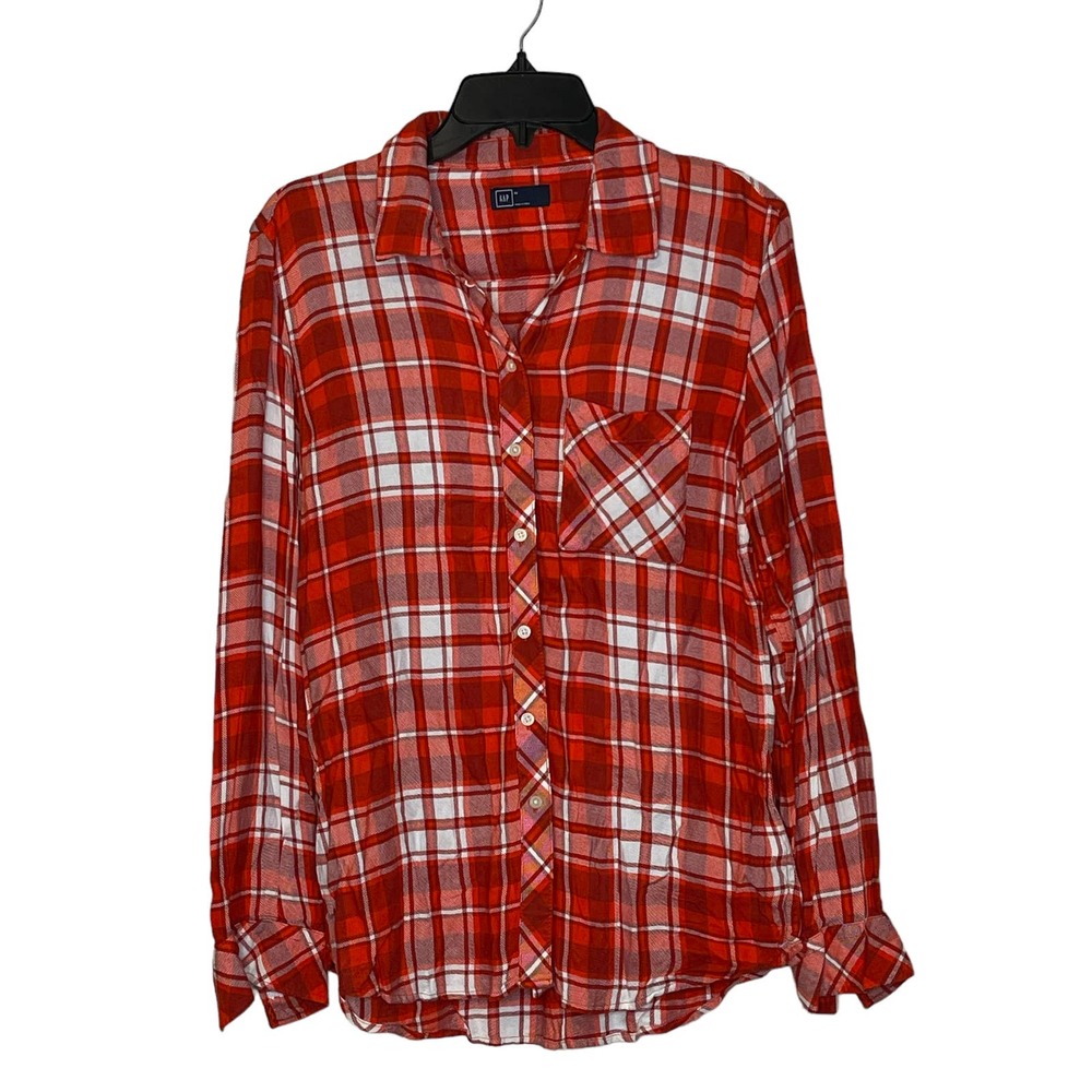 Gap Plaid Red Button Up Collar Shirt Women Size Medium Long Sleeve Chest Pocket